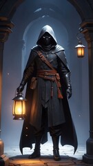 Naklejka premium Mysterious figure in dark cloak holding lantern, standing in a dimly lit stone archway, creating a suspenseful atmosphere that evokes adventure and intrigue.
