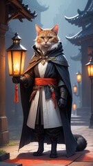 Whimsical character design featuring a cat in a dark cloak, holding a lantern in an Asian-inspired street with glowing lanterns, embodying a fantasy adventurer vibe.