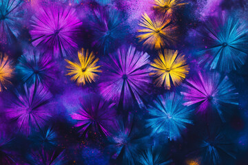 A vibrant background of colorful starbursts in shades of purple, blue, and yellow, glowing against a dark background.