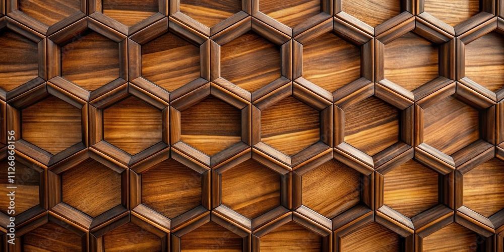 Fototapete a repeating pattern of hexagonal inlays carved into a rich, dark wood surface, creating a captivatin