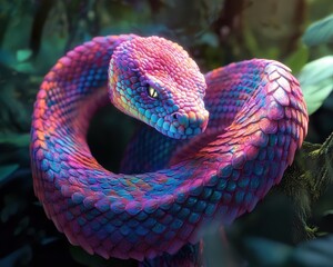 Snake coiled up with vibrant scales, soft lighting, peaceful forest scene