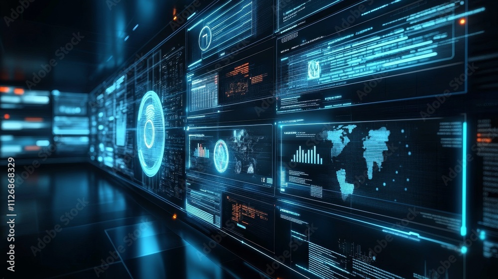 Poster futuristic digital interface displaying data analytics and global information.