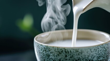 A close-up of milk being poured into a steaming cup of tea.