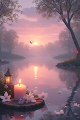 Mourning card - Condolence card - sympathy card - Funeral invitation - Obituary - Candle & flowers on a river - AI generated
