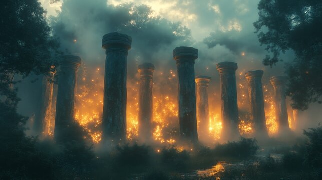 Ancient glowing pillars in a mystical foggy forest