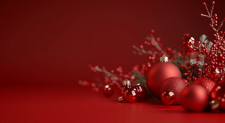Christmas decorations featuring red ornaments and berries set against a rich red background for a festive atmosphere
