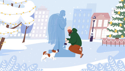 Male character making ice sculptures in winter. Man holding chisel and hammer and making angel figure from ice cartoon flat vector illustration on white background. Wintertime leisure outdoor activity