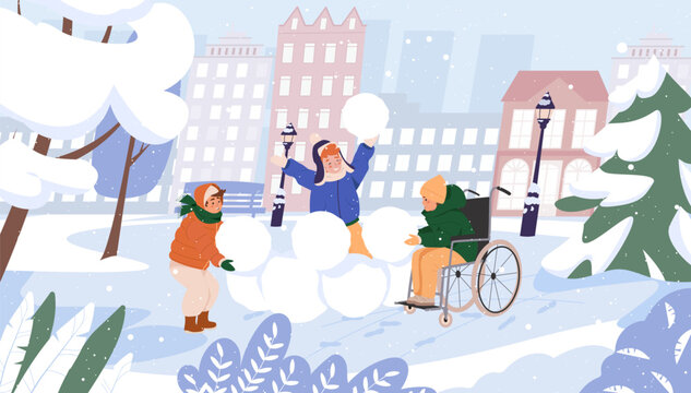 Child in wheelchair playing with children together making snow fortress. Cheerful friends having fun with snow, winter games, leisure outdoors activity cartoon flat vector illustration city background