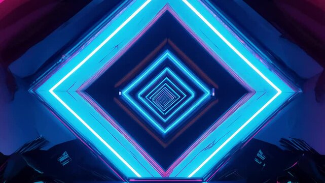 Centered portal opens to reveal complex interlocking neon shapes in a retro-futuristic atmosphere with bold neon colors