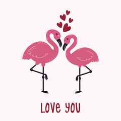 Flamingos in love vector illustration. Pink flamingos and the inscription 