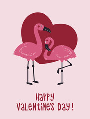 Happy valentine's day greeting poster with pink flamingos and heart.