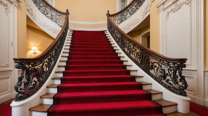 Elegant grand staircase with ornate black railings, featuring rich red carpeting, set in a luxurious interior space, captures classic architectural style.