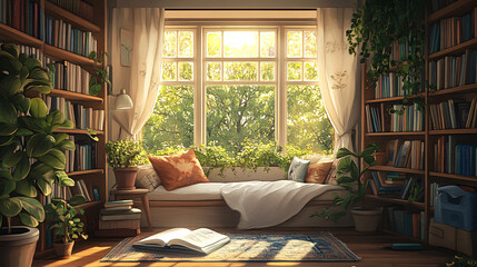 Illustration of a cozy reading nook by a window, with plants, bookshelves, and soft light, evoking relaxation and comfort. 