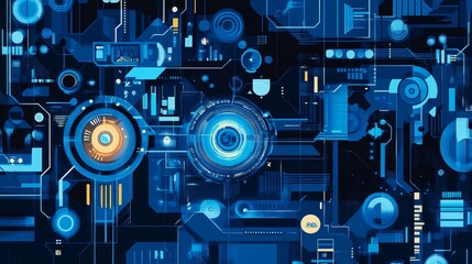 Abstract digital circuitry design with glowing elements in blue tones.