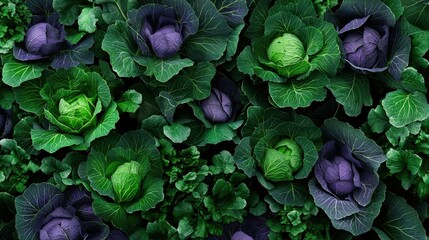 Fototapeta premium A cabbage patch filled with lush green and purple heads, ready for harvest.