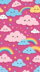 Whimsical pink background featuring smiling clouds, colorful rainbows, and stars, perfect for children's decor or playful designs.