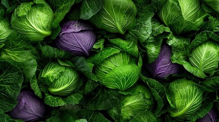 Fototapeta premium A cabbage patch filled with lush green and purple heads, ready for harvest.