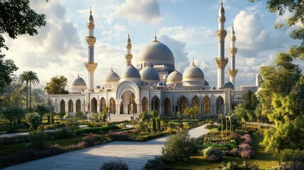 Fototapeta premium A grand Ottoman-style mosque with intricate domes and tall minarets, golden accents, and lush gardens surrounding it