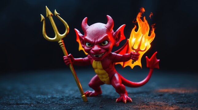 Red demon figure holding a golden pitchfork, surrounded by flames, set against a dark backdrop, conveying mischievous and playful mood.