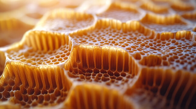 natural honeycomb structure with golden hues, highlighting its geometric precision, organic beauty, and symbolism of collaboration, productivity, and nature's harmony