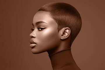 Fototapeta premium Closeup focus on an African woman in mocha mousse brown colors. Modern trendy tone hue shade