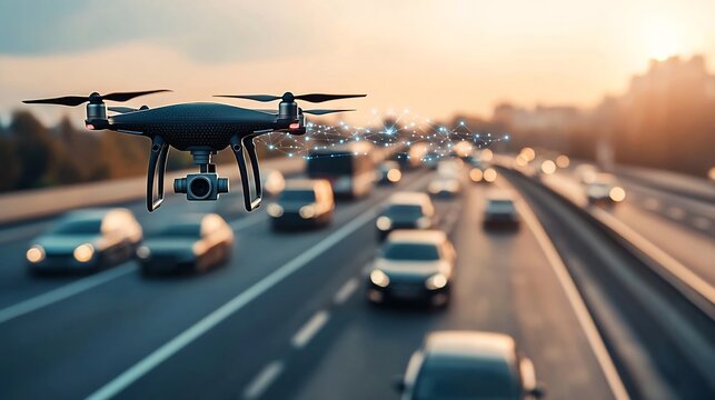 Aerial view of a drone flying over a highway filled with connected vehicles with holographic network lines linking cars buses and trains