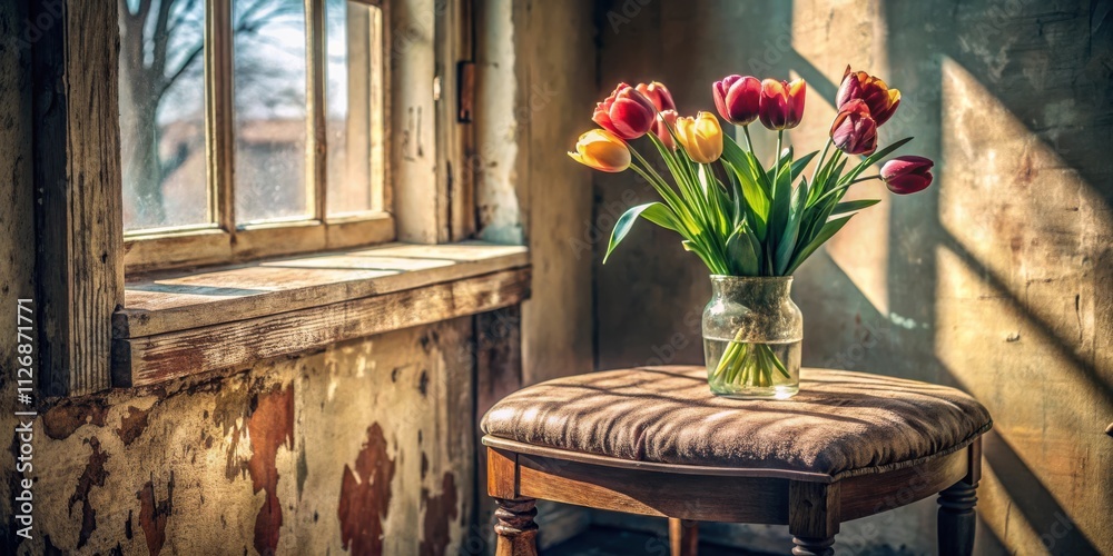 Aufkleber sunlight streams through a window illuminating a vase of tulips on a weathered wooden stool