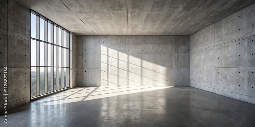 Poster spacious concrete room with a large window casting sunbeams through the room