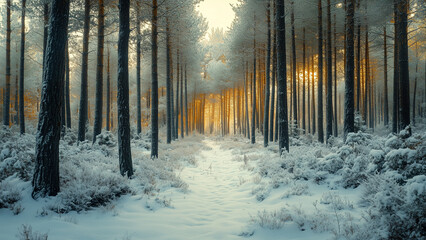 Naklejka premium A radiant forest with snowy ground