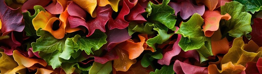 A vibrant salad mix featuring crisp lettuce leaves with a drizzle of vinaigrette.