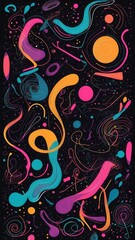 Vibrant abstract background featuring swirling lines and circles in pink, turquoise, yellow, and orange on a black backdrop. Ideal for modern design projects.