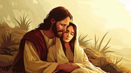 Vector illustration of Jesus comforting Mary Magdalene after His resurrection