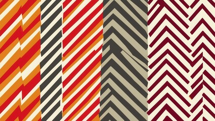 Fototapeta premium Vibrant patterns featuring diagonal stripes in red, orange, black, and beige, suitable for backgrounds or textile designs.