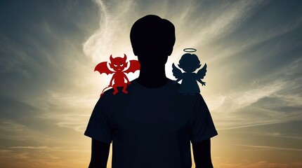 A dramatic silhouette depicting an angel and a devil on a person's shoulders, set against a vibrant sunset sky, representing the struggle between good and evil and the moral dilemmas