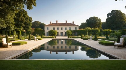Obraz premium Elegant villa surrounded by manicured gardens and tranquil reflections in water pool, highlighting serene atmosphere and luxurious lifestyle.