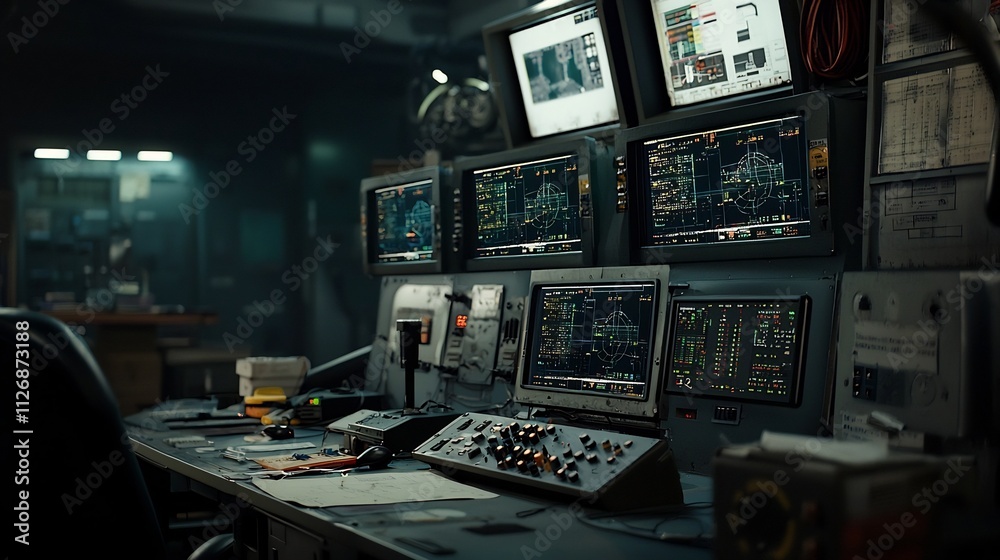 Poster sophisticated control room featuring large screens displaying real time data and network connections