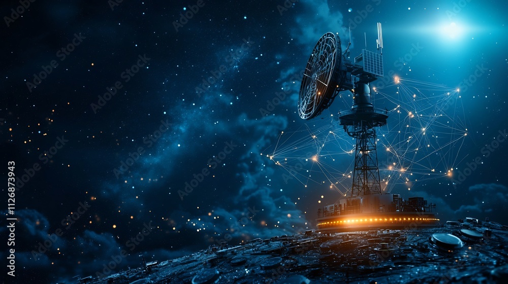 Poster cutting edge weather monitoring station with glowing network overlays connecting to advanced warning