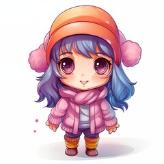 Cheerful chibi anime girl with blue-purple hair in pink winter jacket and earmuff hat. Kawaii character wearing scarf and winter boots in cute cartoon style