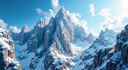 Majestic snow-covered mountain peak under a clear blue sky, Sharp mountain peak with snow and fluffy clouds