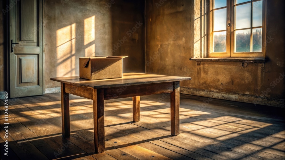 Poster a cardboard box sits atop a wooden table in a room with a window, sunbeams illuminating the floor