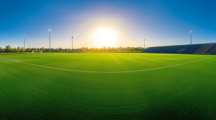 Sunny Soccer Field Green Grass Stadium Goalposts Sports
