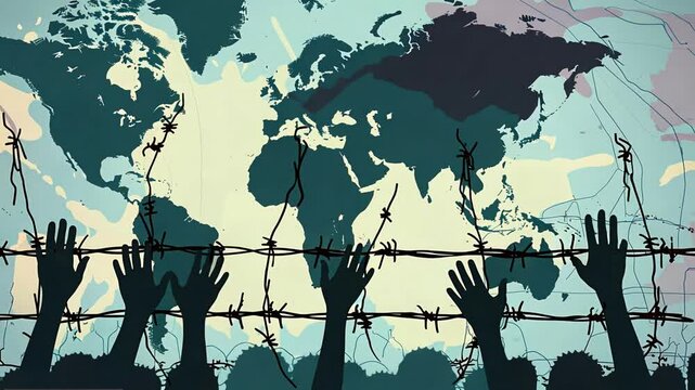 Silhouetted hands reach towards world map with barbed wire in foreground