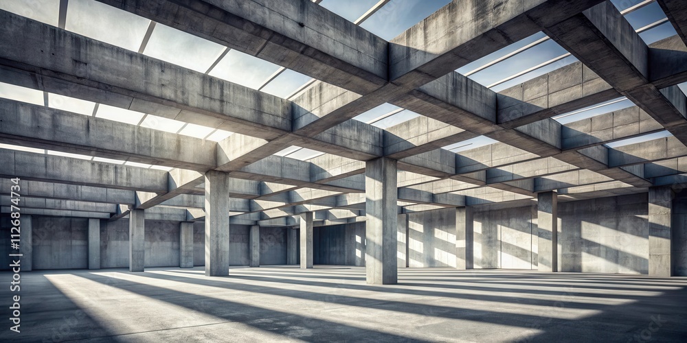 Aufkleber A wide, open space with an intricate grid of concrete beams creating a geometric pattern of light and shadow