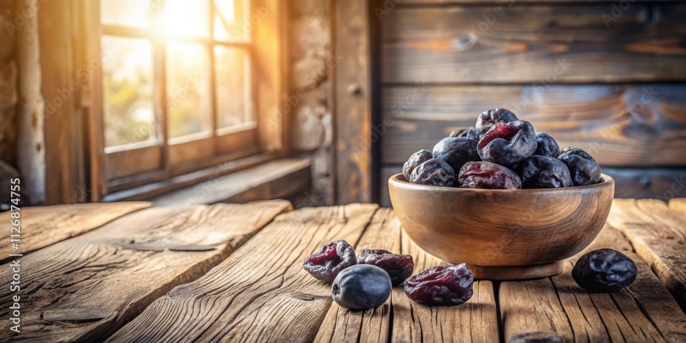 Poster dried plums in a wooden bowl on a rustic wooden table with a window in the background