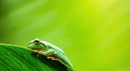 Green tree frog resting on vibrant leaf in natural habitat