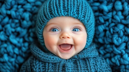 A baby is wearing a blue hat and a blue sweater and is smiling. The baby's eyes are bright and happy, and the overall mood of the image is cheerful and warm