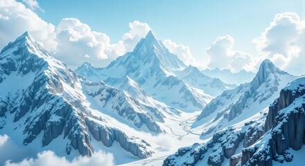 Majestic snow-covered mountain peak under a clear blue sky, Sharp mountain peak with snow and fluffy clouds