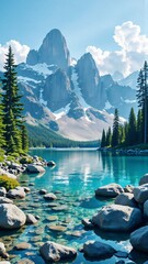 Crystal clear lake with majestic mountains in the background