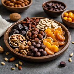 Plate with nuts and healthy snacks