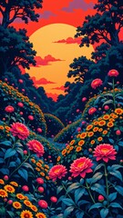 Dynamic abstract design with colorful waves and floral motifs on a dark backdrop